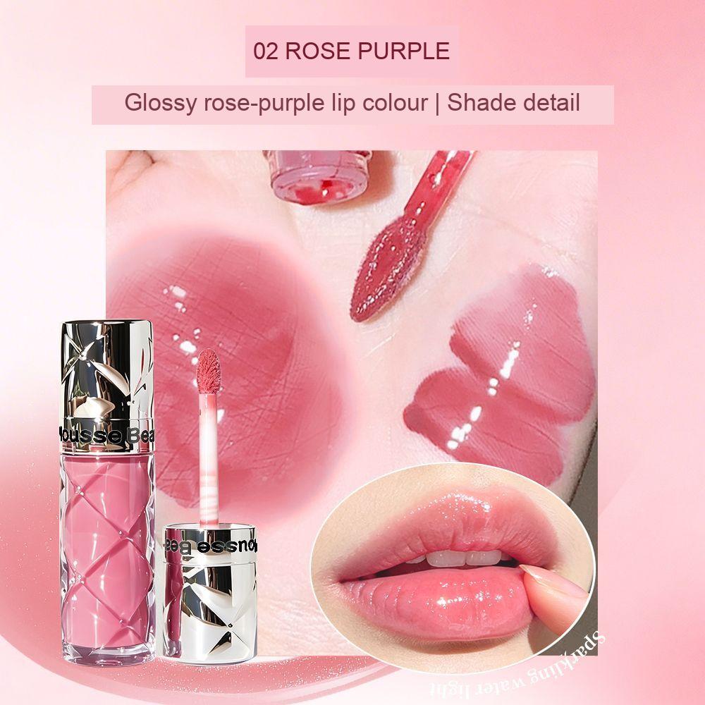Mousse Bear glossy lip colour in shade 02 Rose Purple, with colour swatch and lip detail