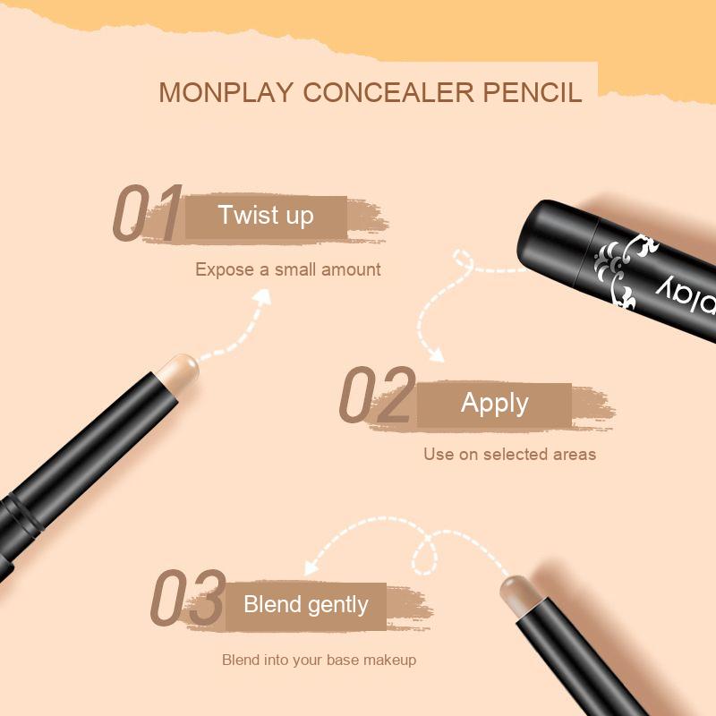 Monplay concealer pencil guide: twist up slightly, apply to selected areas and blend gently