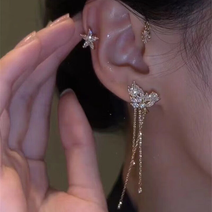 Star Flower Tassel Ear Cuff Pair in Gold Tone