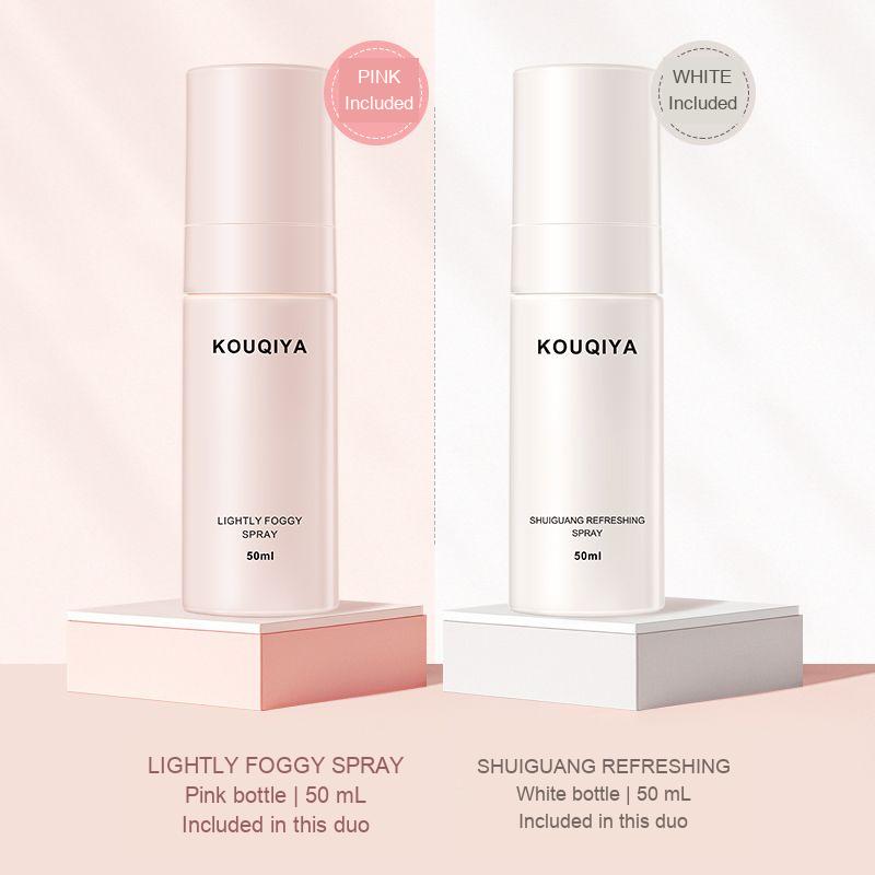 KOUQIYA K0019 setting spray duo containing one pink Lightly Foggy spray and one white Shuiguang Refreshing spray, 50 mL each