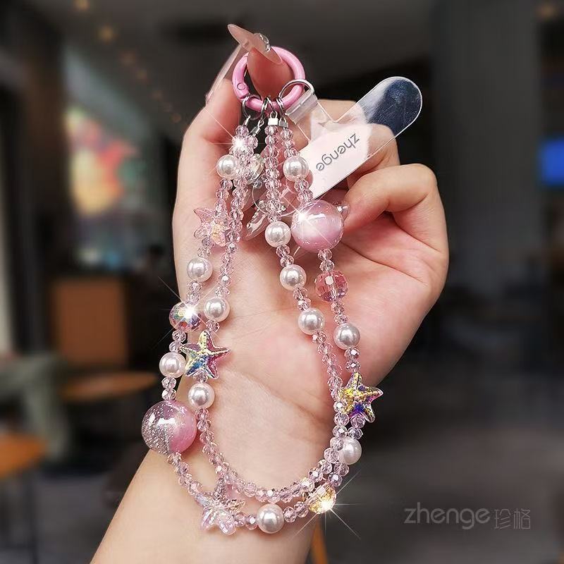 Pink Beaded Starfish Phone Strap
