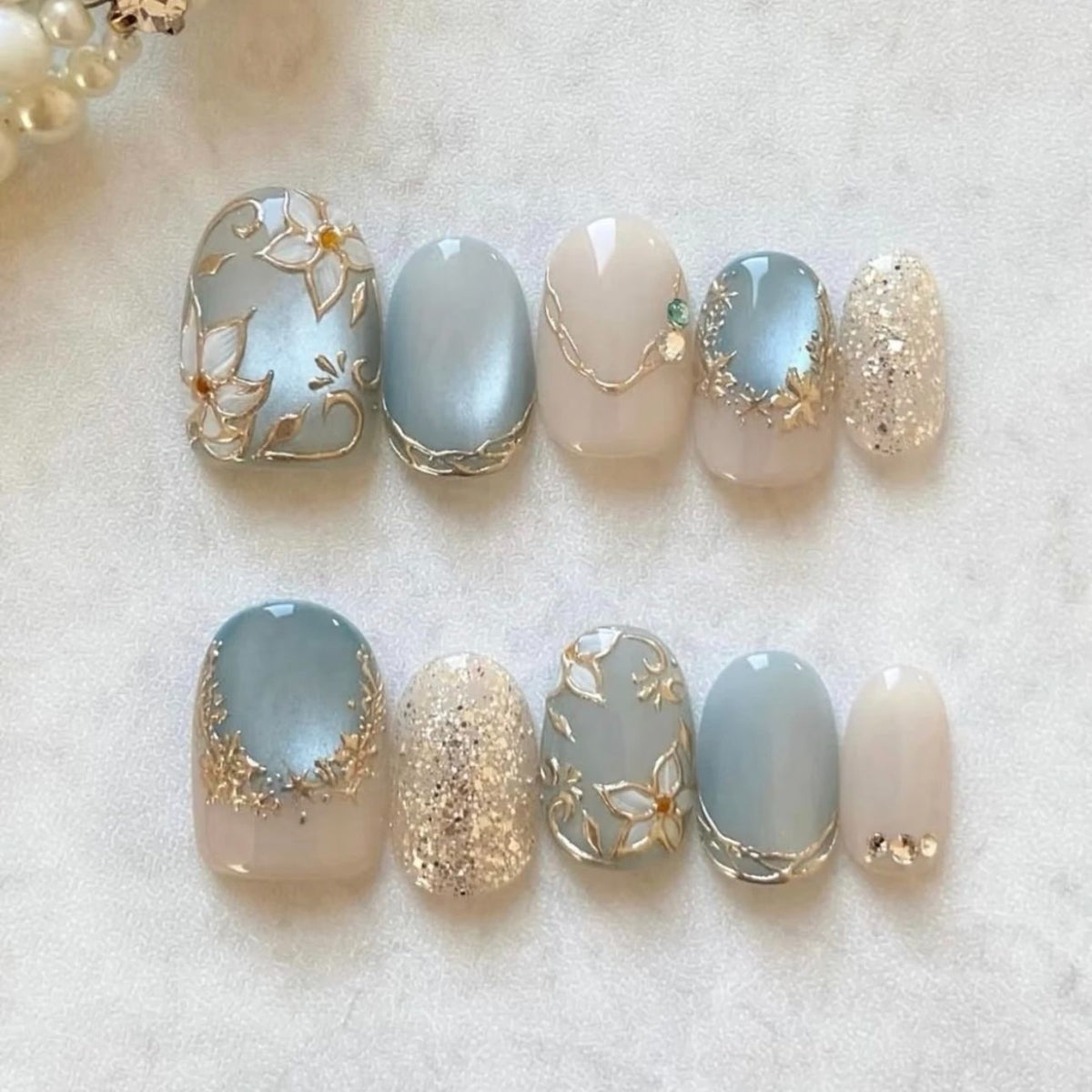 Blue Floral Press-On Nails — product view 3