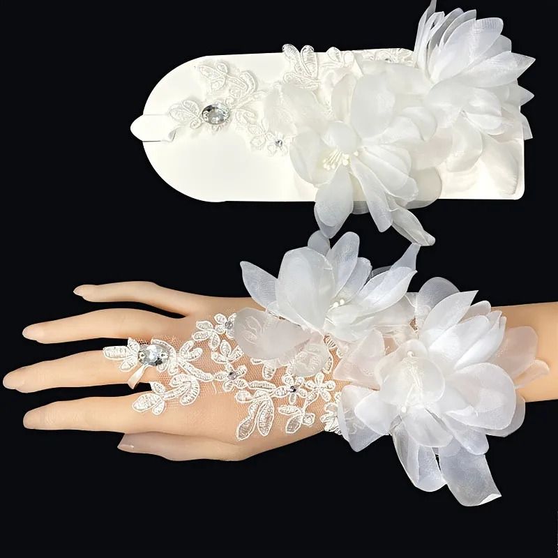 White Floral Bridal Gloves — product view 3
