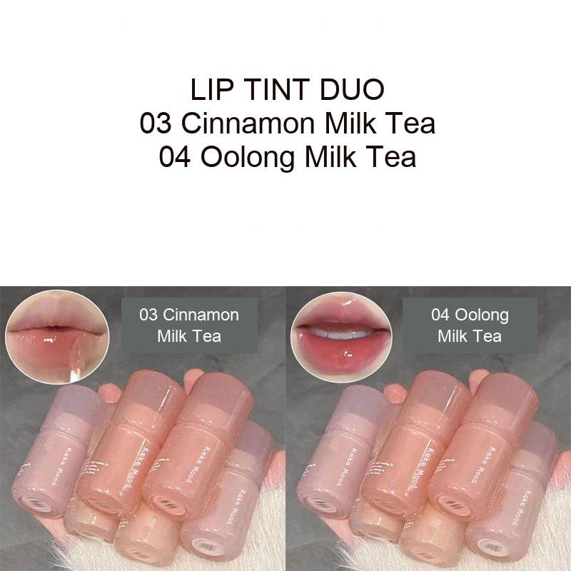 Lip tint duo shade guide showing 03 Cinnamon Milk Tea and 04 Oolong Milk Tea