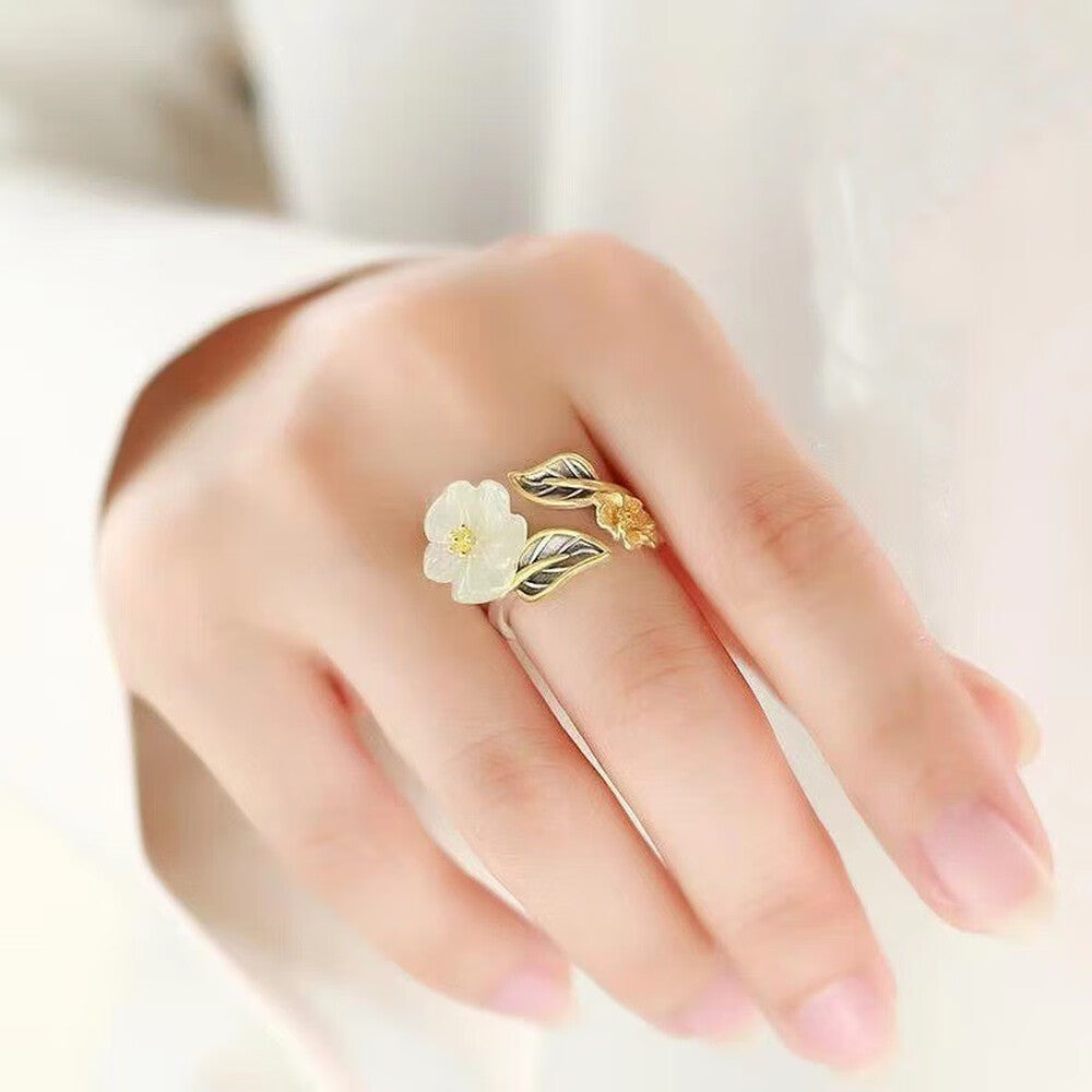 Plum Blossom Ring – Adjustable Silver Tone with Jade Detail