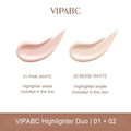 VIPABC highlighter shade guide showing 01 Pink White and 02 Beige White, both included in the duo