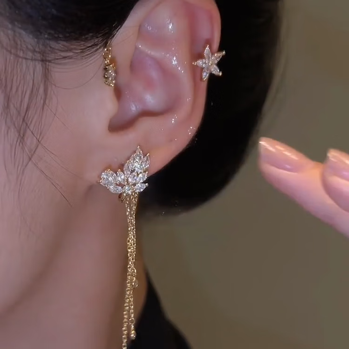Star Flower Tassel Ear Cuff Pair in Gold Tone