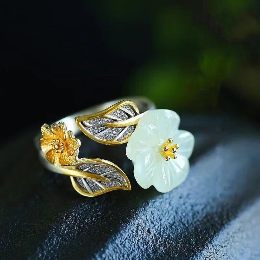 Plum Blossom Ring – Adjustable Silver Tone with Jade Detail