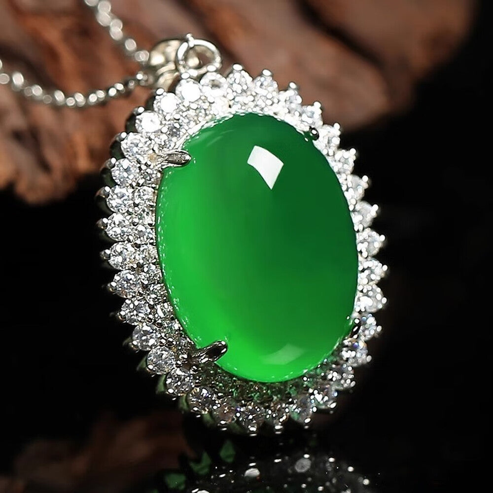 Green Chalcedony Pendant Necklace - Silver Tone