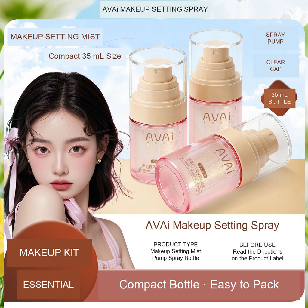 AVAi setting spray bottle and cap details with portable 35 mL product information