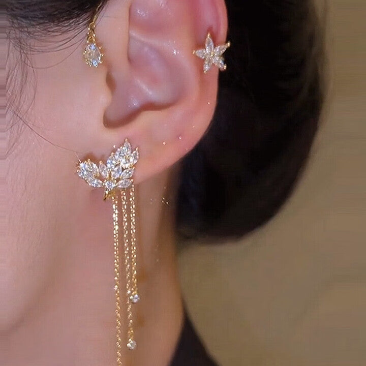 Star Flower Tassel Ear Cuff Pair in Gold Tone