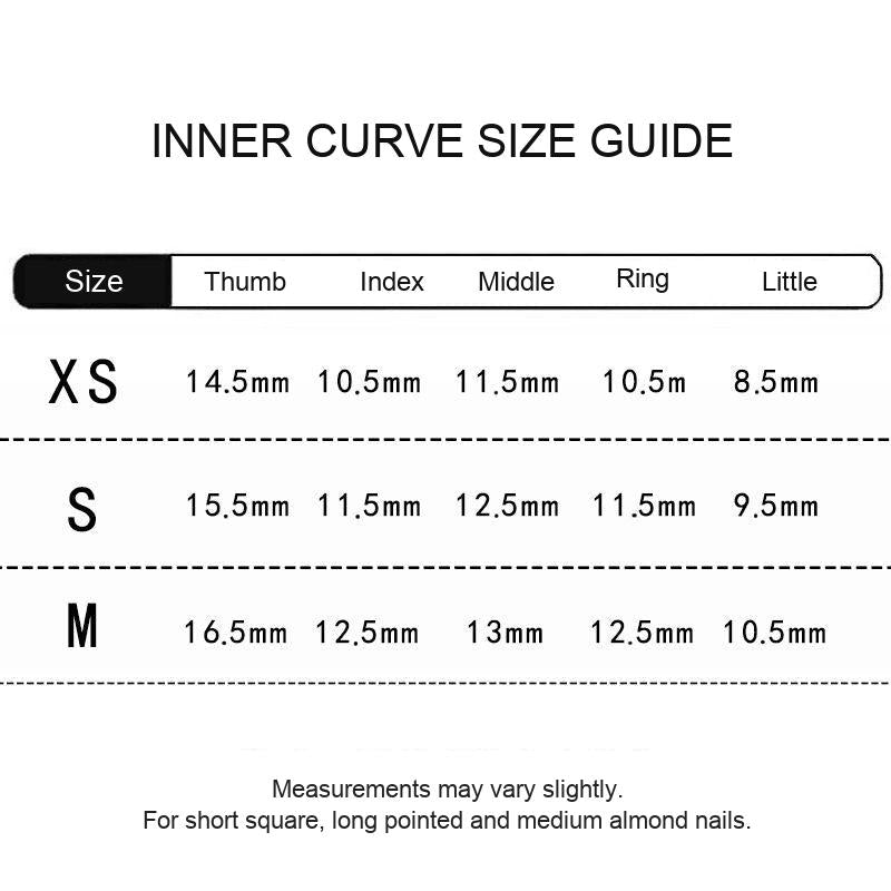 Press-on nail inner curve size chart in millimetres for XS S and M