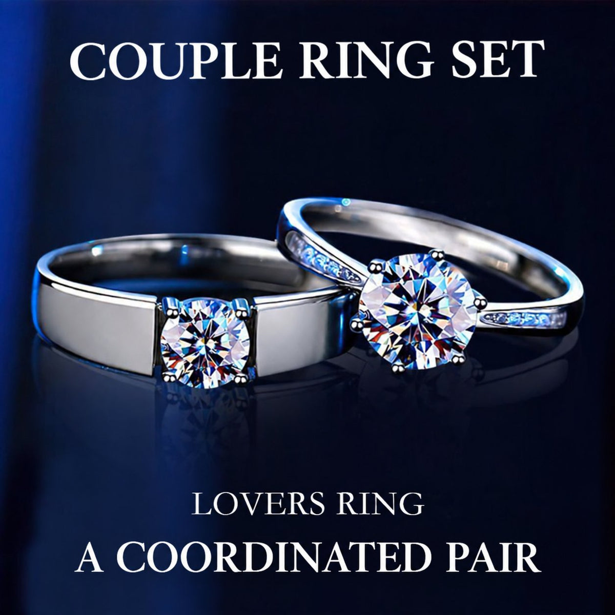 Coordinated couple ring set with clear faceted stone-style accents