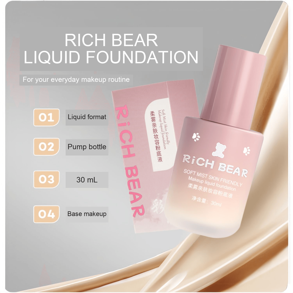 Rich Bear foundation bottle and box with English packaging details: liquid foundation, pump format, 30 mL