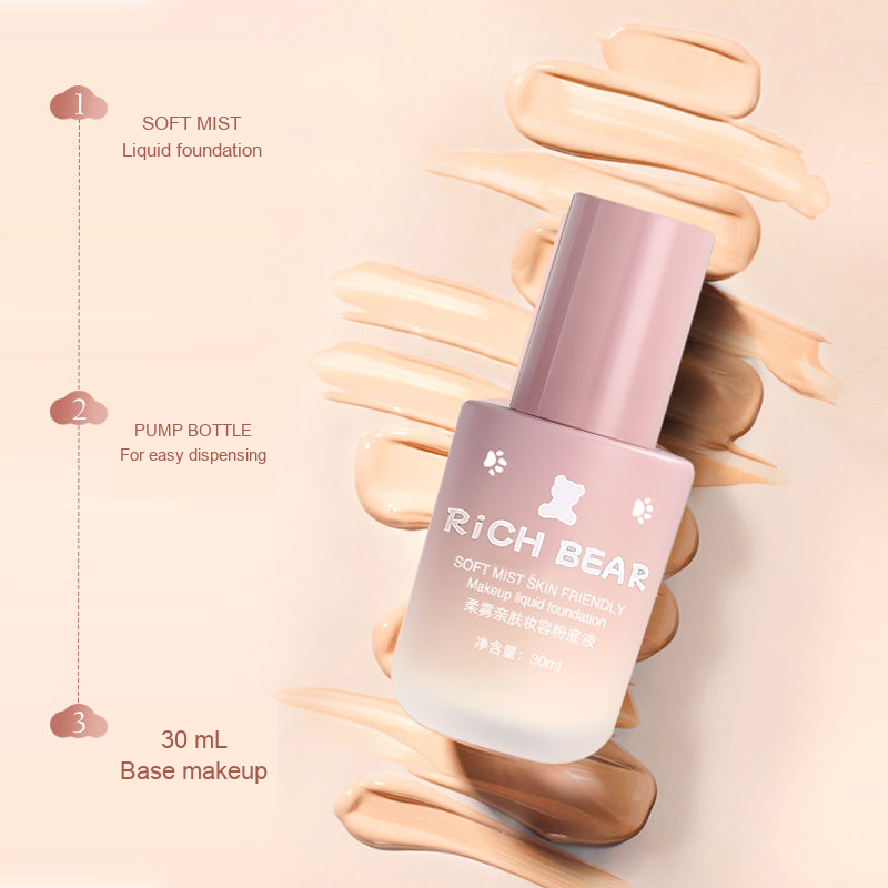 Rich Bear liquid foundation bottle shown against foundation texture swatches