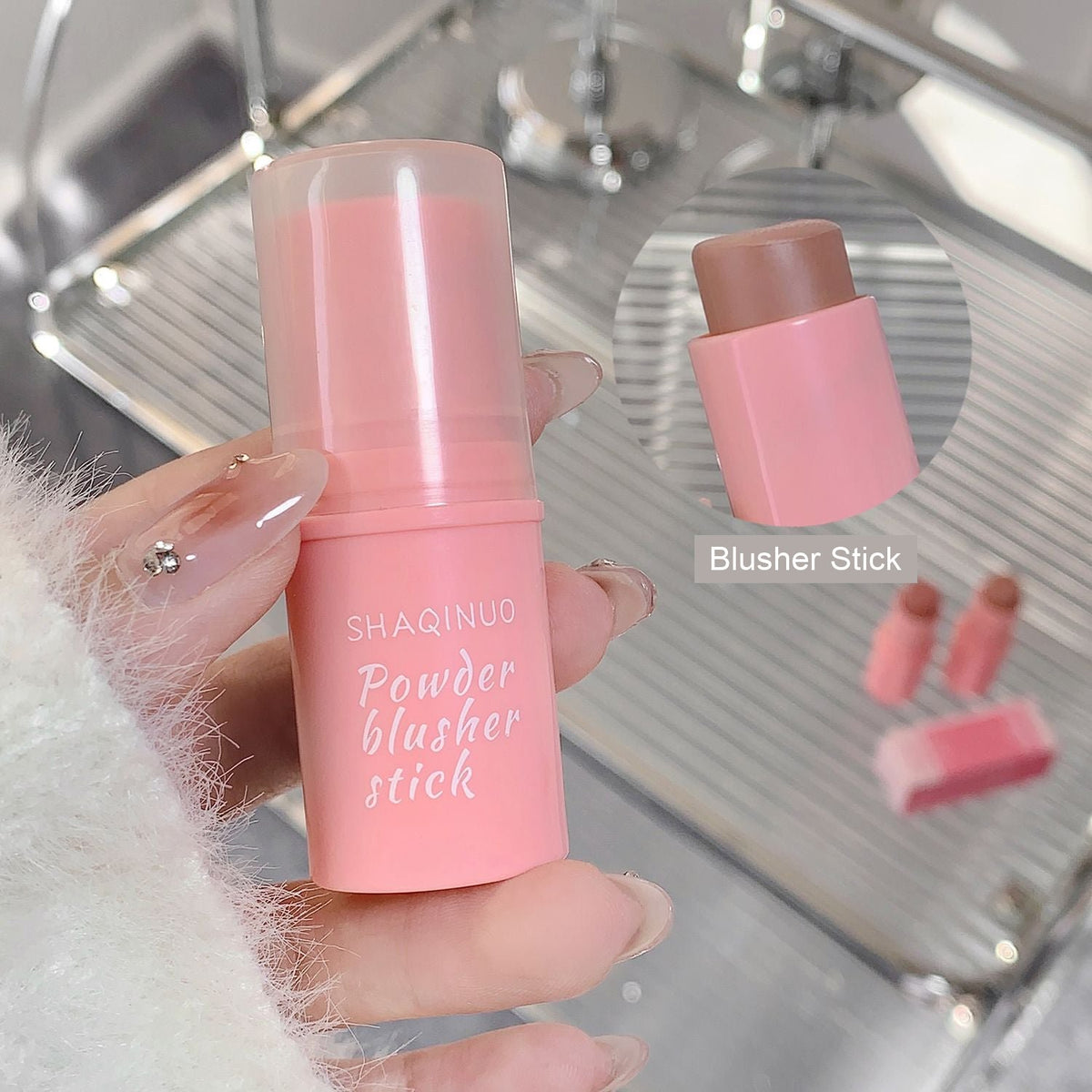 SHAQINUO Powder Blusher Stick in pink packaging, with a close-up of the blush tip