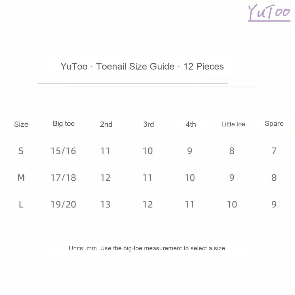 YuToo press-on toenail size chart in millimetres for S M and L