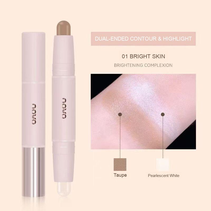 NOVO dual-ended contour and highlight stick shade 01 Bright Skin, with taupe and pearlescent white swatches