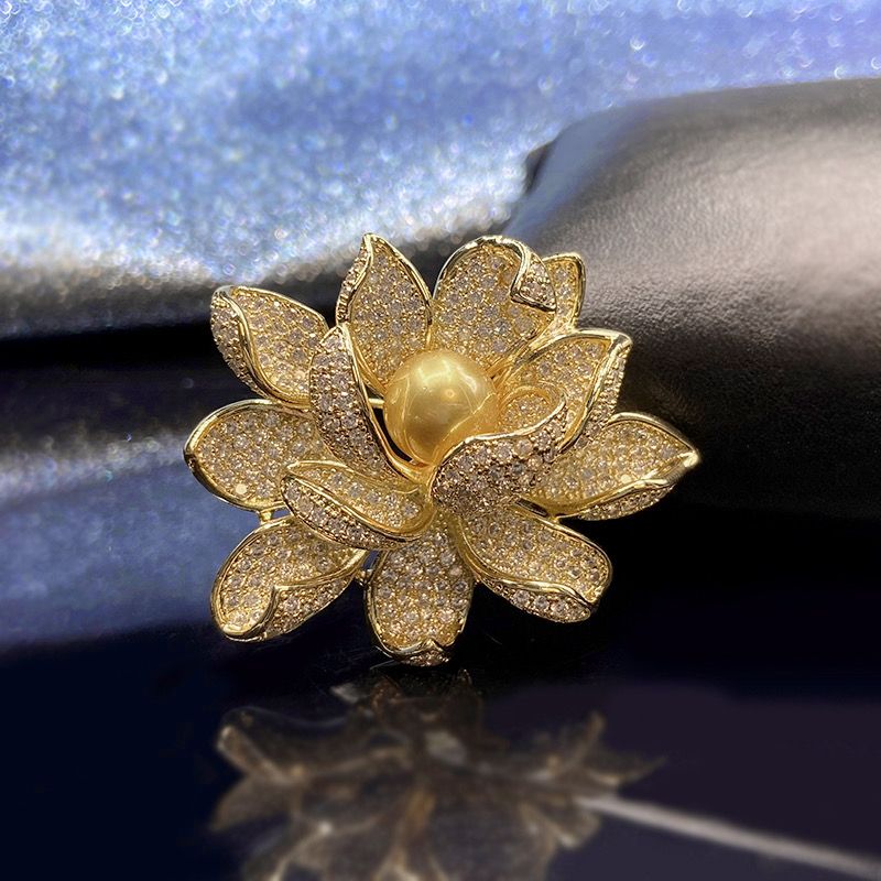 Gold-Tone Lotus Flower Brooch with Pearl-Style Centre — product view 3