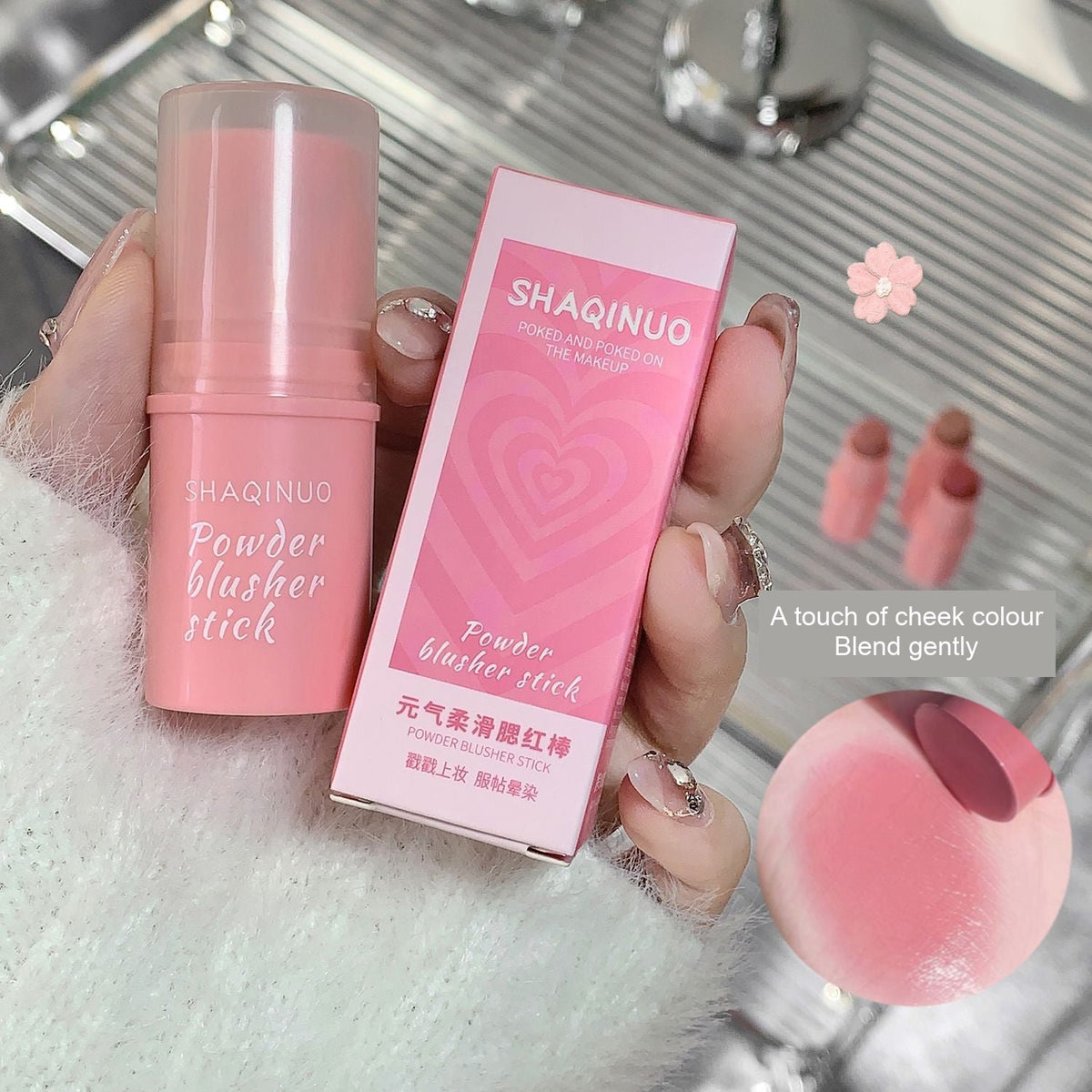 SHAQINUO Powder Blusher Stick and matching box with a colour swatch detail