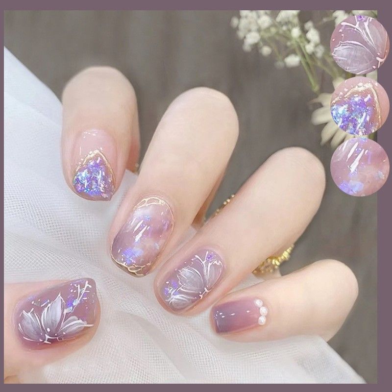 Purple Camellia Floral Press-On Nails