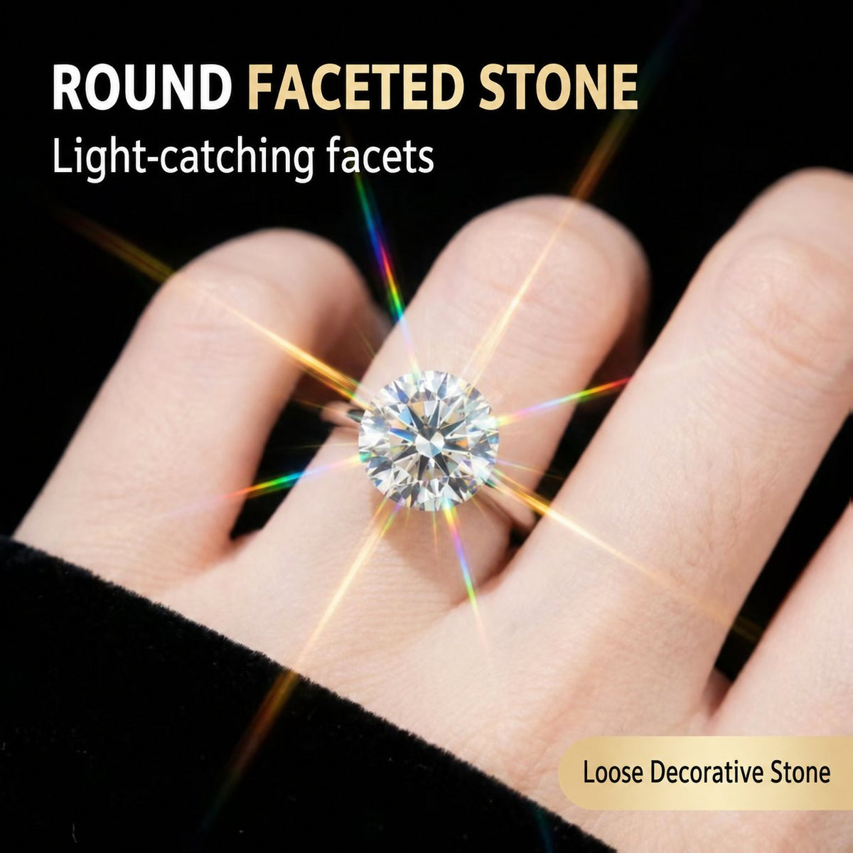 Round faceted loose decorative stone shown on fingertips