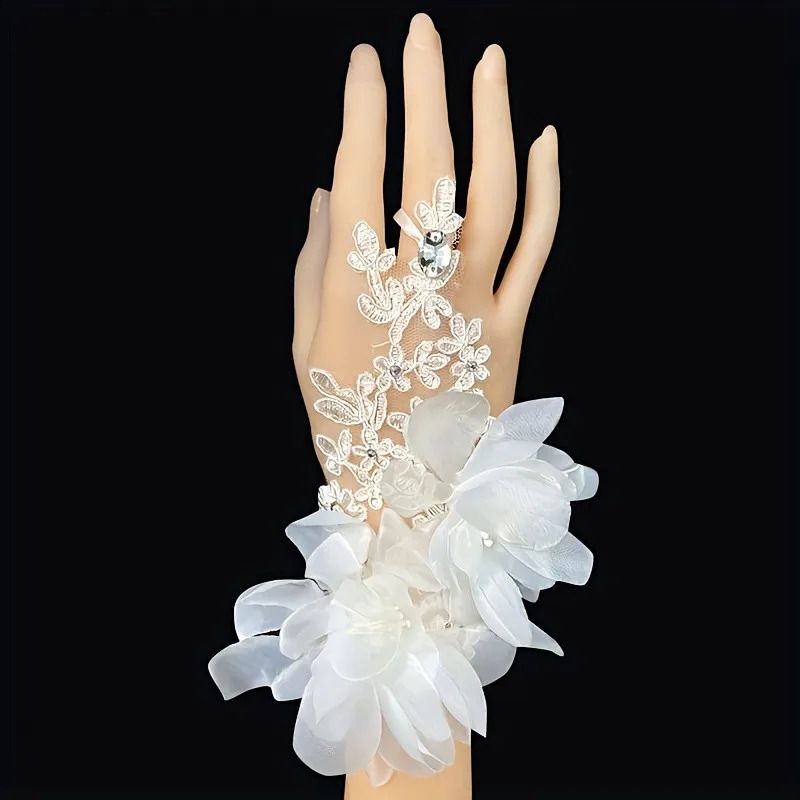 White Floral Bridal Gloves — product view 2