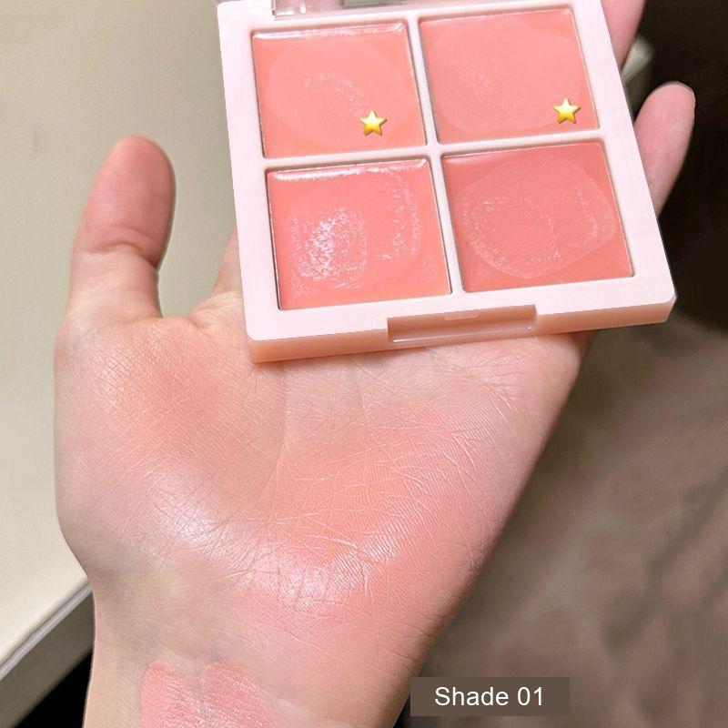 Four-pan cream blush palette shade 01 with a peach-toned colour swatch on the palm