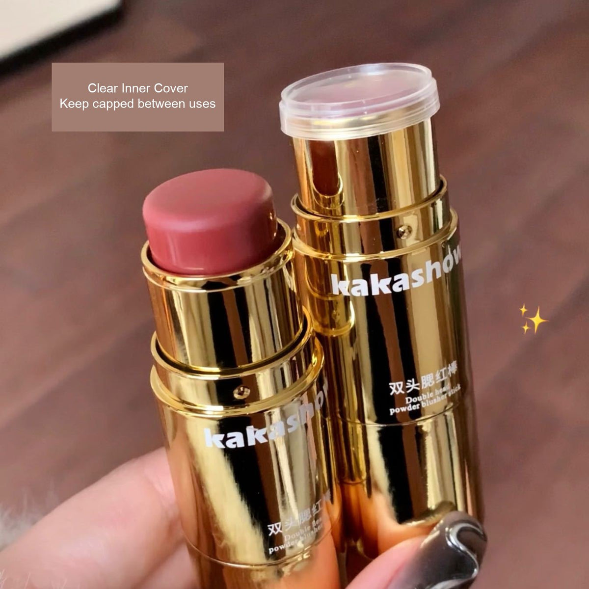 Kakashow blusher stick with a close-up of the clear inner cover