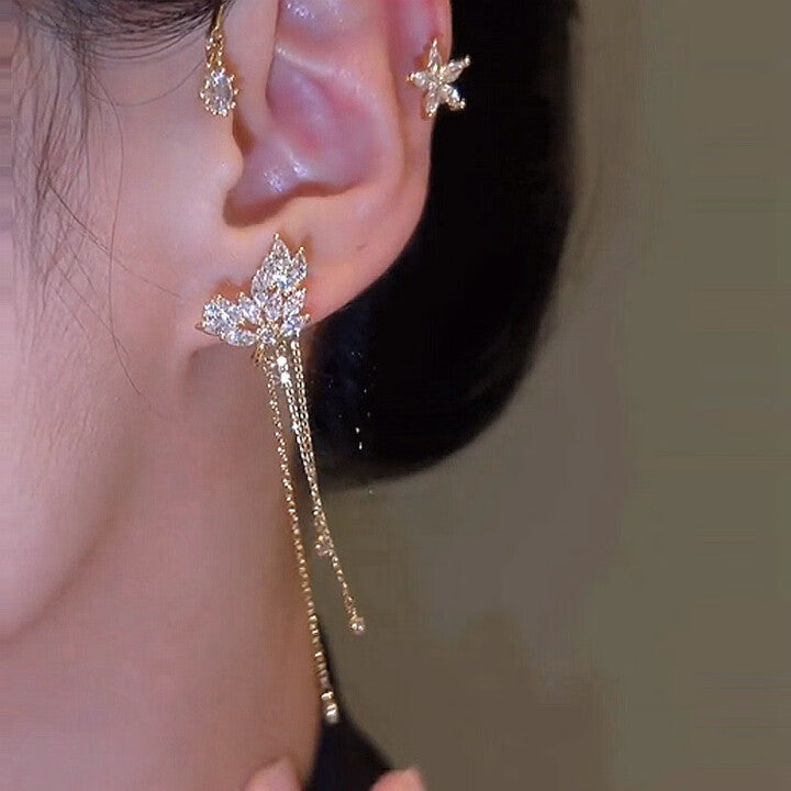 Star Flower Tassel Ear Cuff Pair in Gold Tone