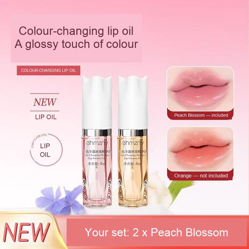 Colour-changing lip oil shade comparison; this listing contains two Peach Blossom lip oils, not the orange shade