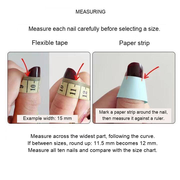 How to measure nail width along the curve with a flexible tape or a marked paper strip