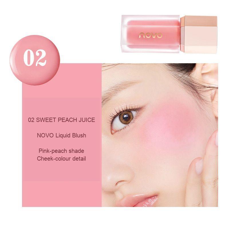 NOVO liquid blush shade 02 Sweet Peach Juice with bottle and cheek-colour photo