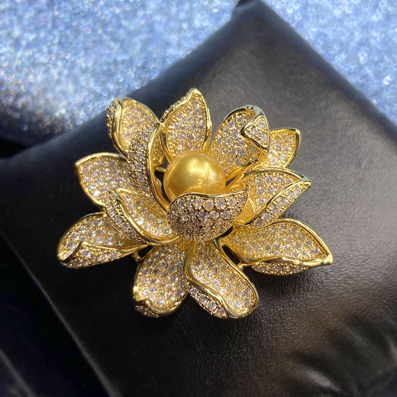 Gold-Tone Lotus Flower Brooch with Pearl-Style Centre — product view 1