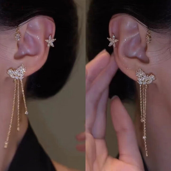 Star Flower Tassel Ear Cuff Pair in Gold Tone