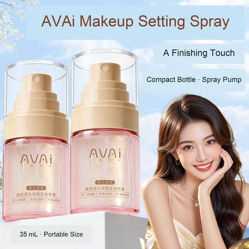 AVAi makeup setting spray in its pink 35 mL bottle with gold-tone pump and clear cap