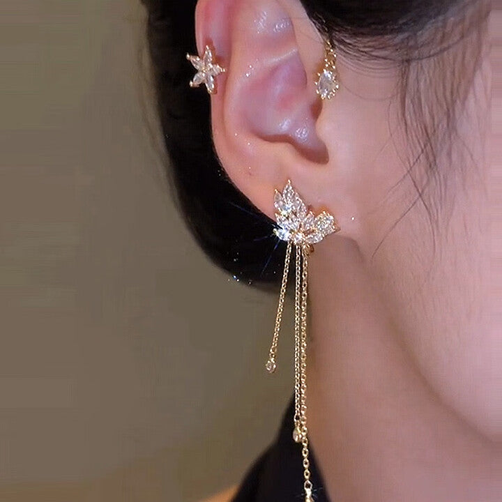 Star Flower Tassel Ear Cuff Pair in Gold Tone