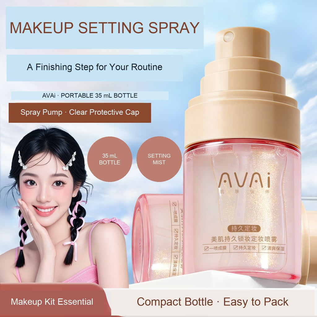 AVAi pink setting spray bottle shown with its gold-tone pump