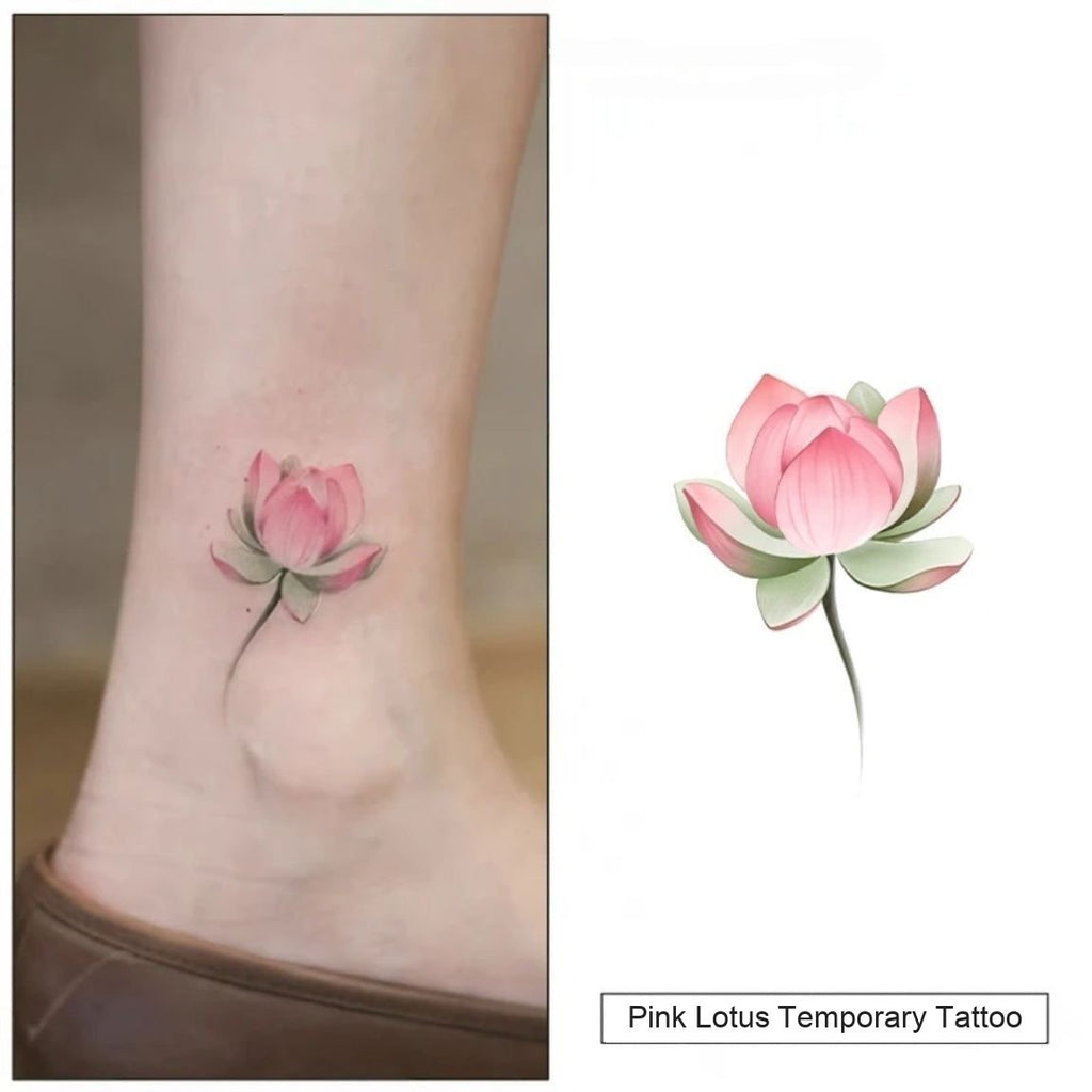 Pink lotus temporary tattoo design shown on an ankle and as a separate artwork detail