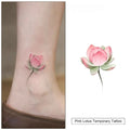 Pink lotus temporary tattoo design shown on an ankle and as a separate artwork detail