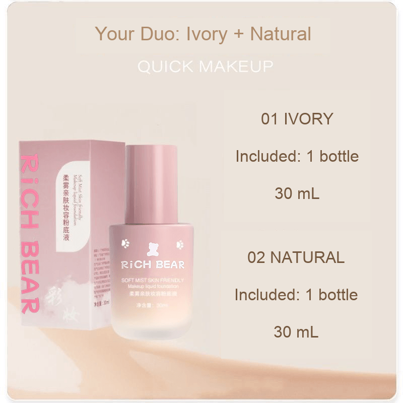 Rich Bear foundation shade guide; this duo includes one Ivory and one Natural bottle