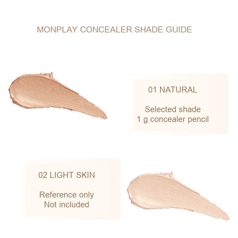 Monplay concealer shade guide with 01 Natural selected; shade 02 Light Skin is shown for comparison only and is not included