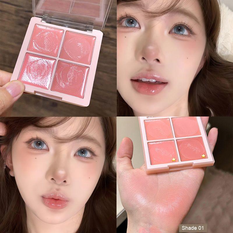 Cream blush palette shade 01 shown with colour swatch and makeup application photos