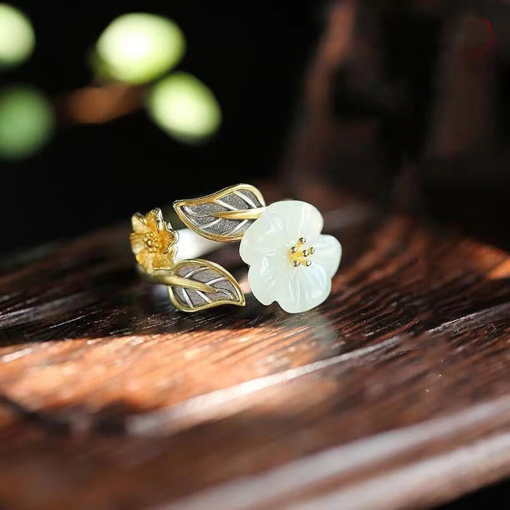 Plum Blossom Ring – Adjustable Silver Tone with Jade Detail