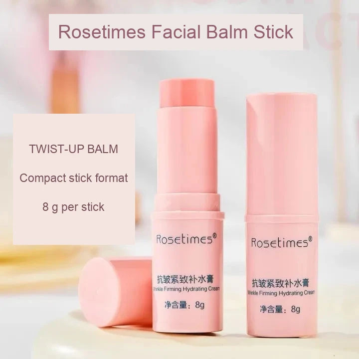 Rosetimes facial balm stick packaging and twist-up balm detail, 8 g per stick