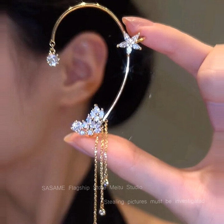 Star Flower Tassel Ear Cuff Pair in Gold Tone