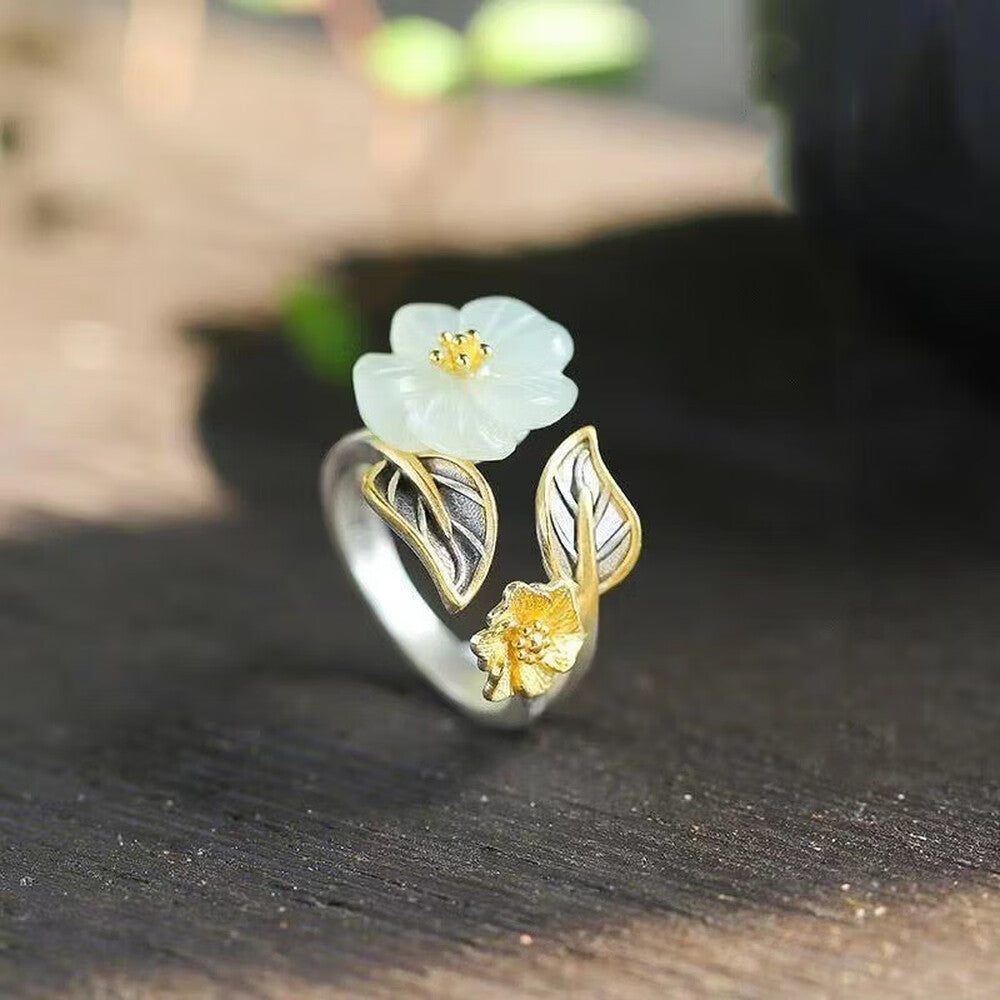 Plum Blossom Ring – Adjustable Silver Tone with Jade Detail