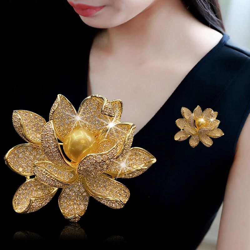 Gold-Tone Lotus Flower Brooch with Pearl-Style Centre — product view 2