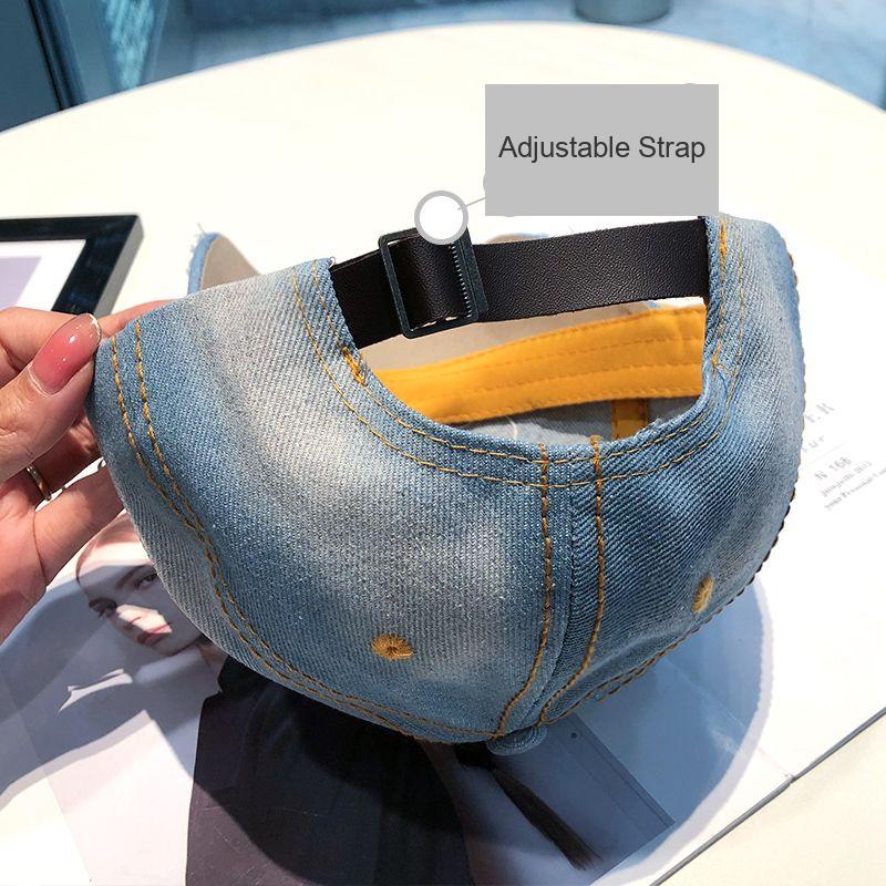 Back of a light-blue denim cap showing its adjustable strap and buckle