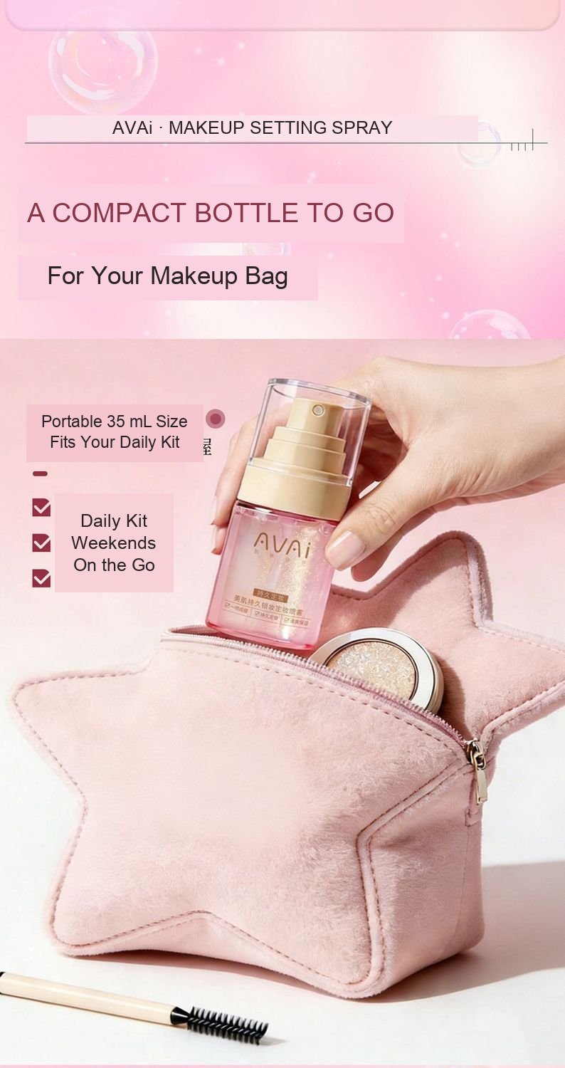 Portable AVAi setting spray bottle shown being packed into a pink makeup bag
